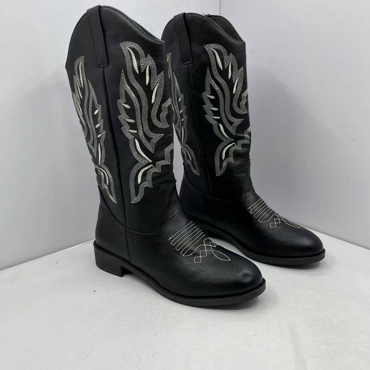 Summer embroidered cowhide Western denim boots female retro knight boots female coarse heel cubes sleeve in the middle of the horse boots children