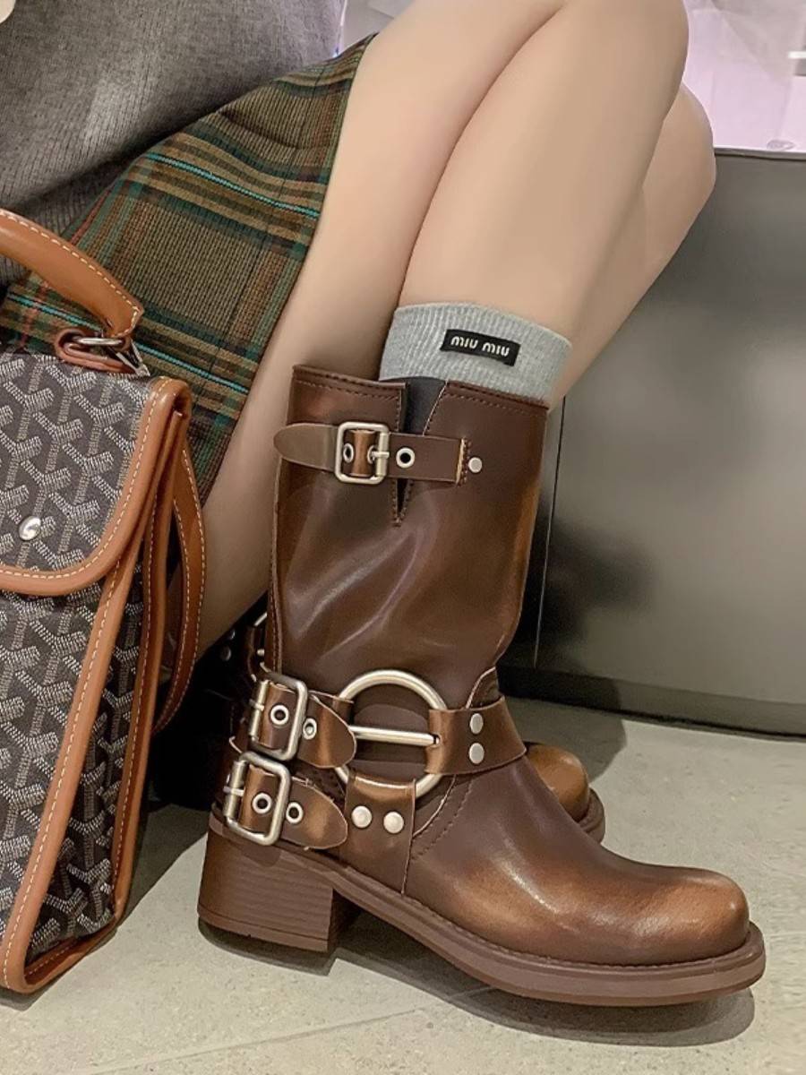 MIU short boots female summer boots retro western denim boots children's long boots leather leather belt buckle Martin boots