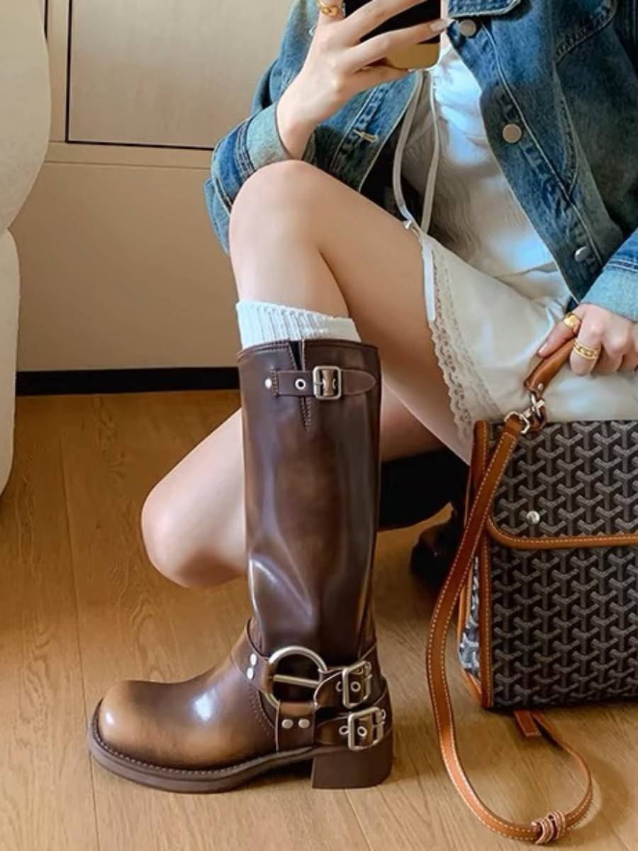 MIU short boots female summer boots retro western denim boots children's long boots leather leather belt buckle Martin boots