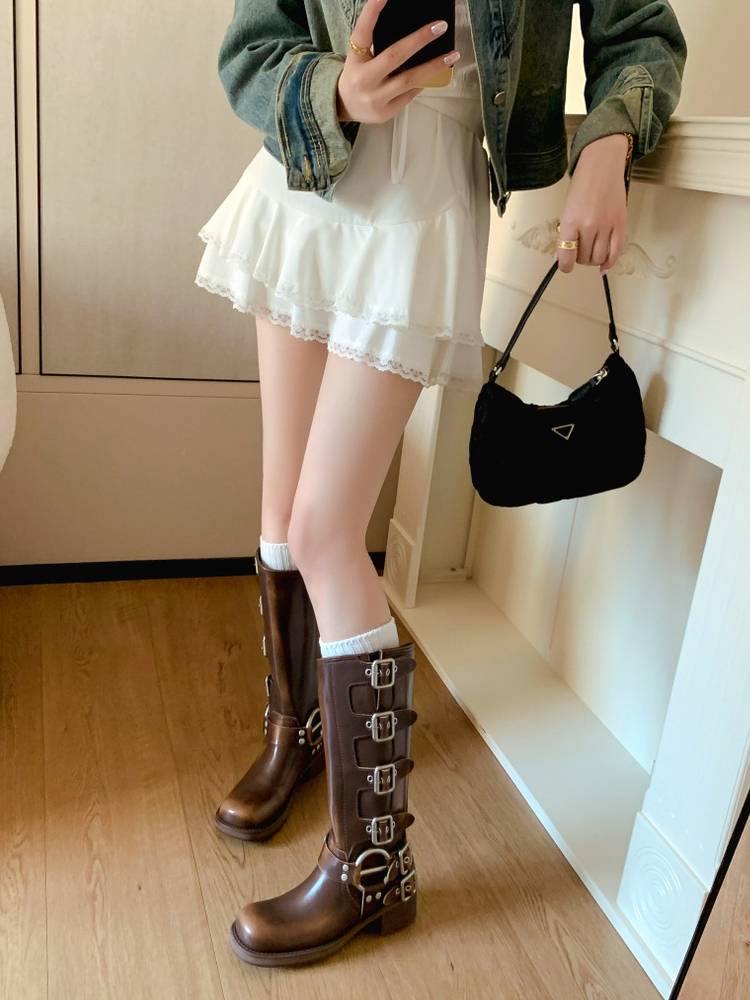 MIU short boots female summer boots retro western denim boots children's long boots leather leather belt buckle Martin boots