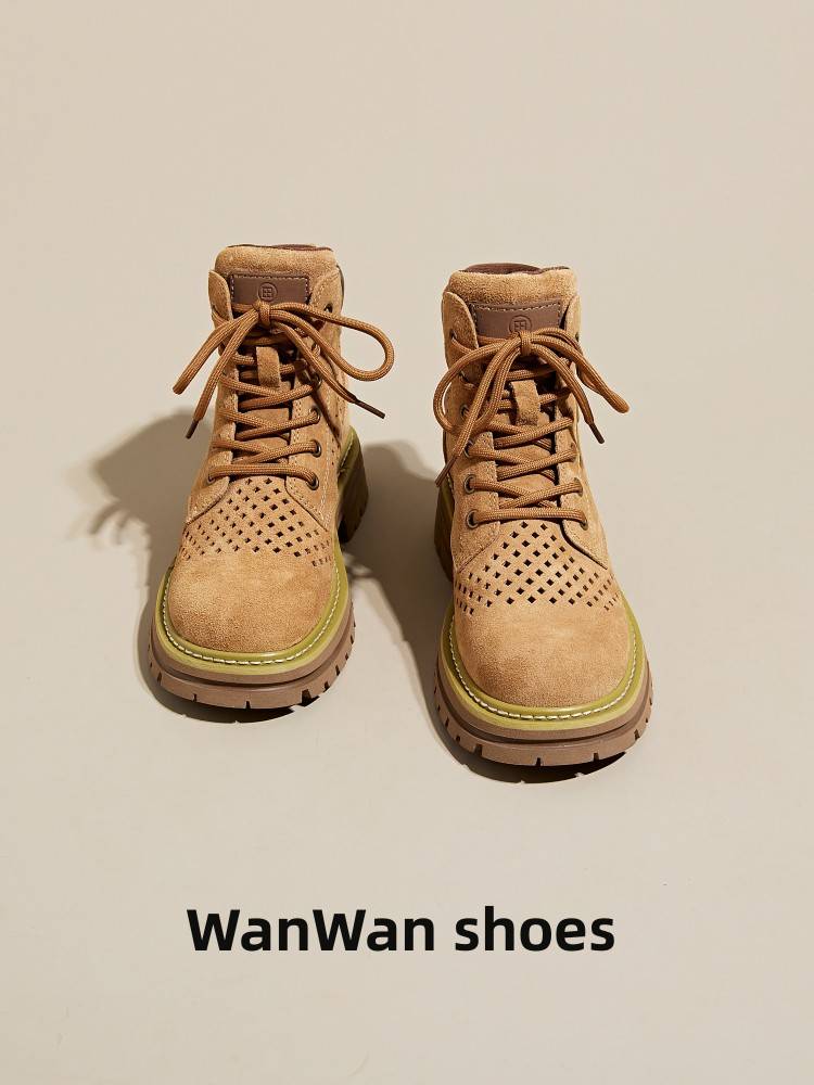 Thick -bottomed big yellow boots female 2024 summer new internal increase leather hollow Martin boots short boots in western denim boots