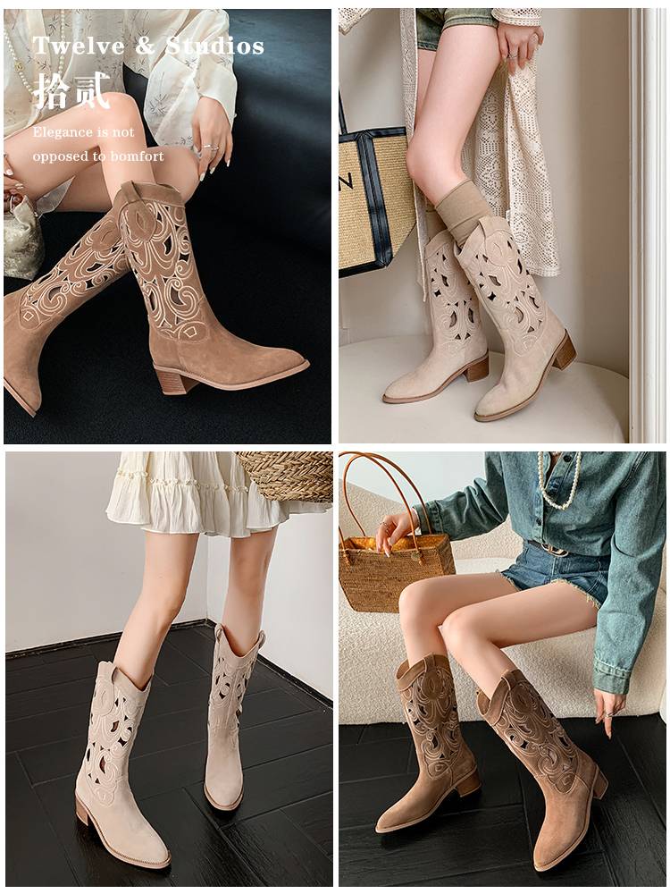 Italian beef turn skin!Mid -tube hollow embroidery Western denim boots female thick heel retro knight boots