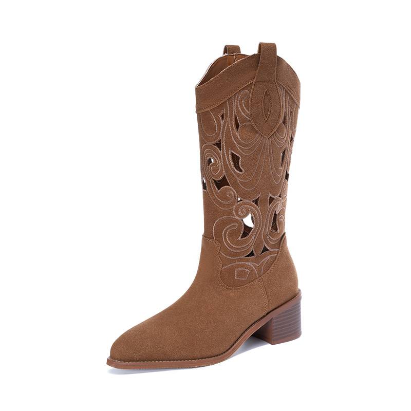 Leather retro brown boots children summer pointed hollow embroidery mid -tube western denim boots in summer Martin boots women