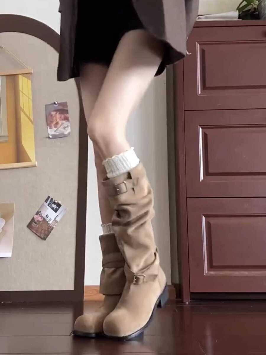 Marad's fold pile boots female thick heel thick sole boots 2024 Western denim shoes versatile hedging Knight boots