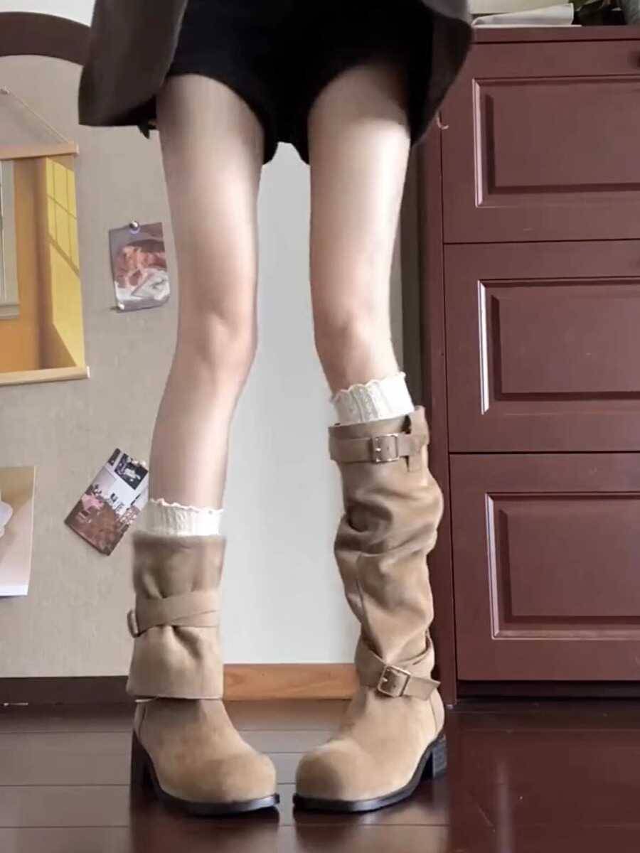 Marad's fold pile boots female thick heel thick sole boots 2024 Western denim shoes versatile hedging Knight boots