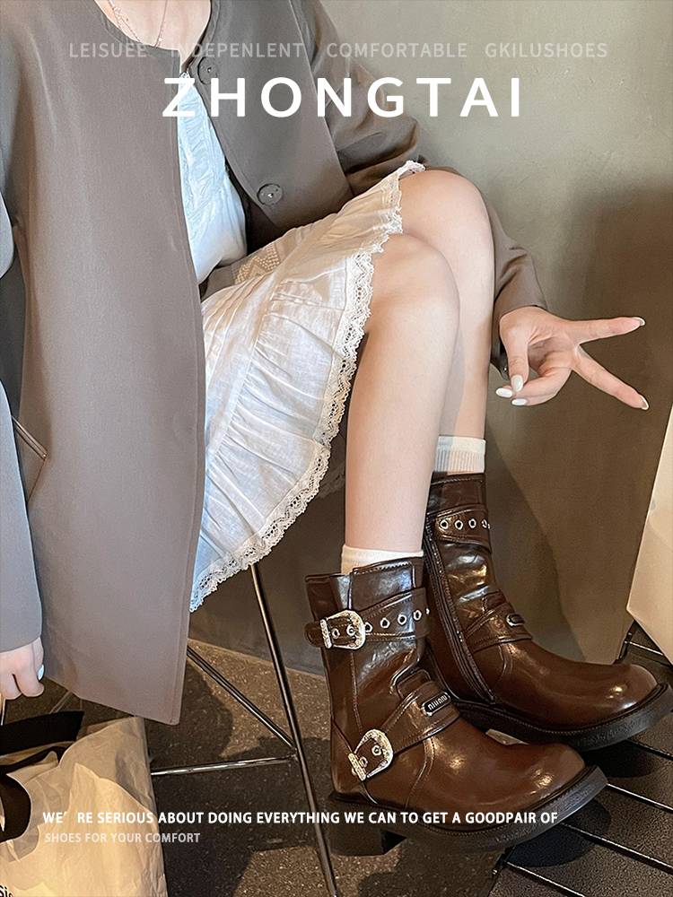 Sheepskin version ~ retro knight boots female 2024 new Martin short boots western denim boots boots