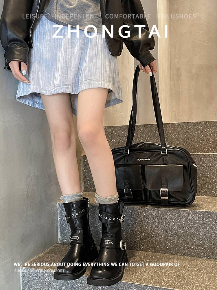 Sheepskin version ~ retro knight boots female 2024 new Martin short boots western denim boots boots