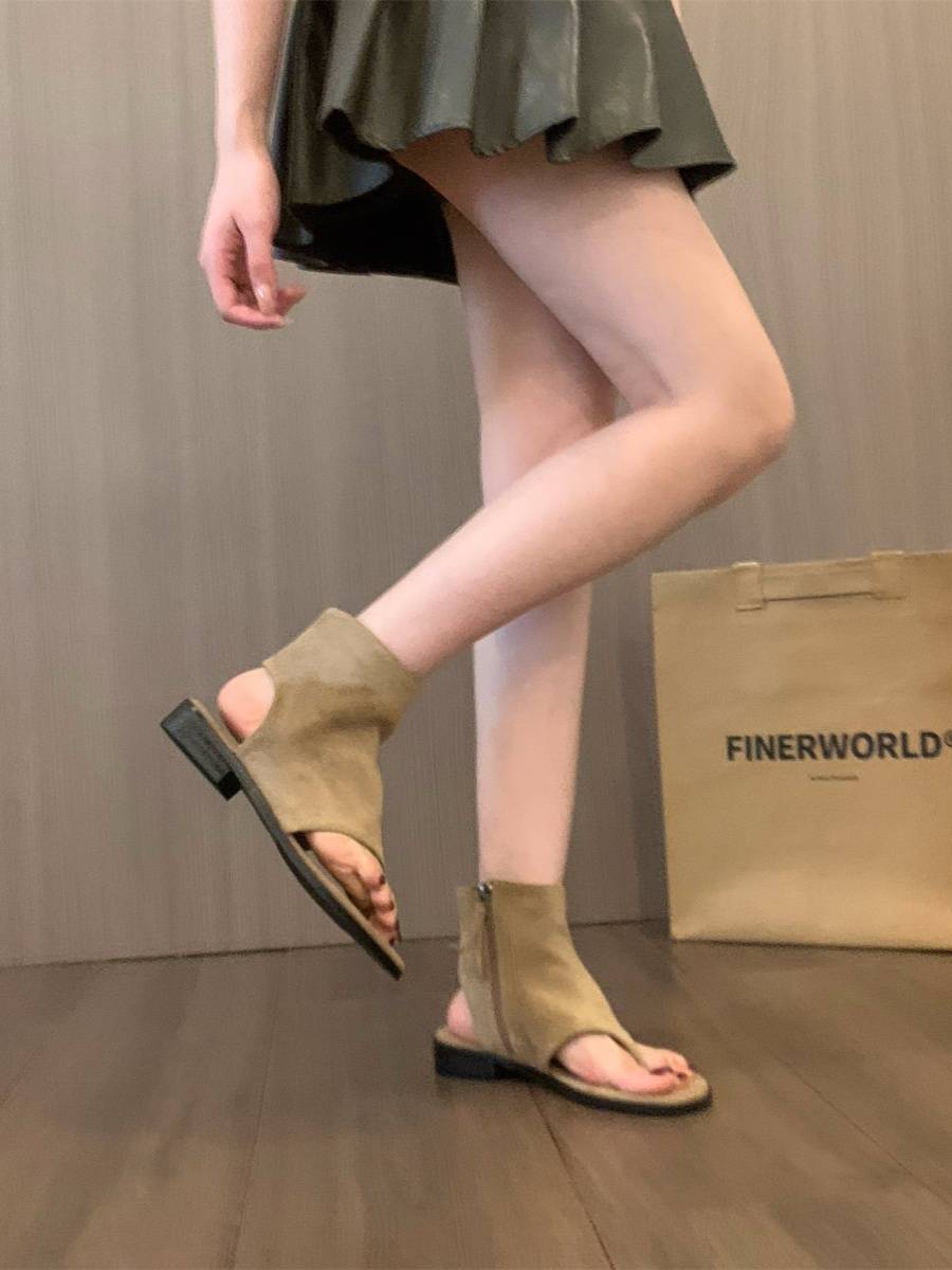 Flat -bottomed khaki -toe cold boots women's shoes 2024 new summer pinch short boots Xinjiang tourism wearing boots