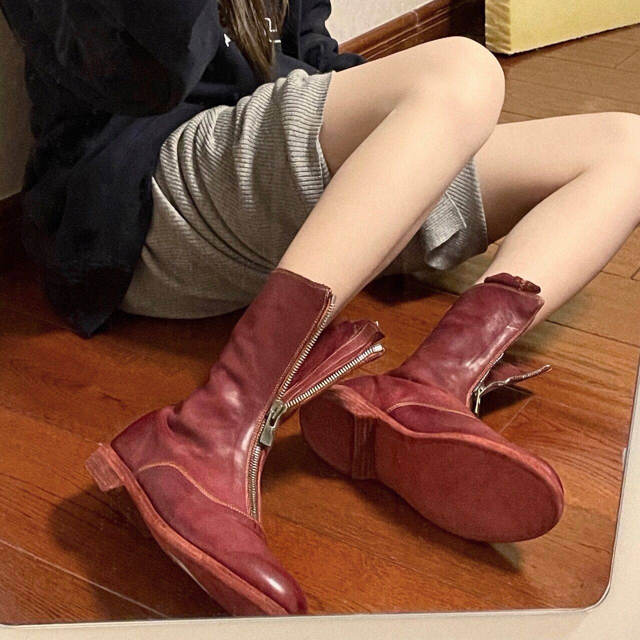 Sheepskin version ~ Advanced front zipper leather Martin boots female British thick bottom boots soft leather short boots 310 inverted boots