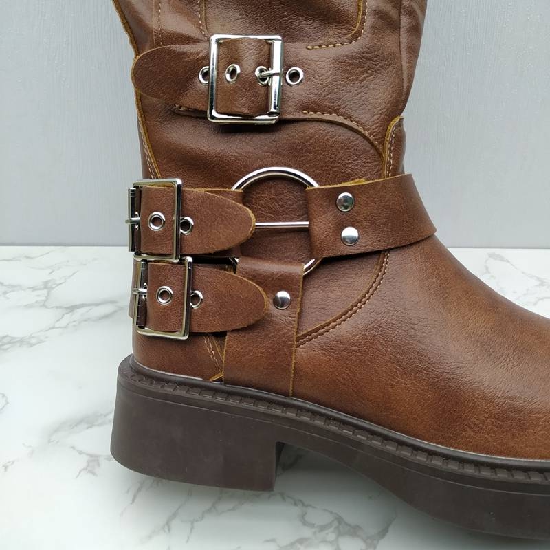 2023 autumn women's shoes Korean version of breathable leisure low heels and fashion horse boots belt buckle women's boots high boots