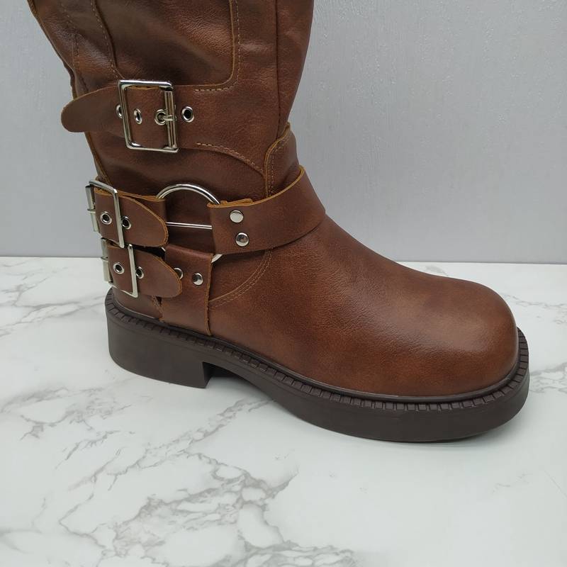 2023 autumn women's shoes Korean version of breathable leisure low heels and fashion horse boots belt buckle women's boots high boots