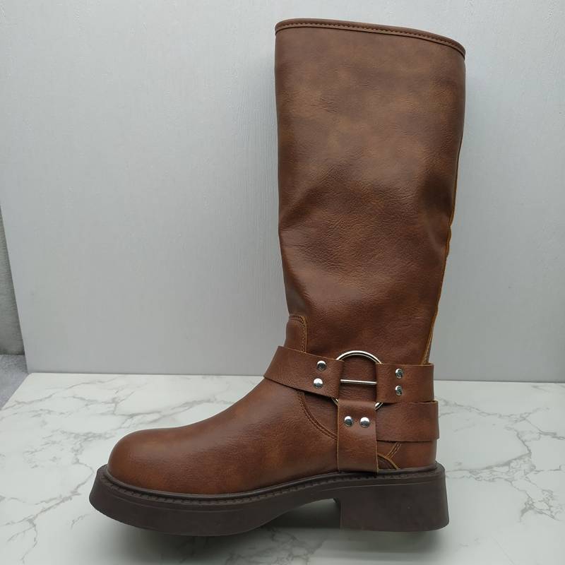 2023 autumn women's shoes Korean version of breathable leisure low heels and fashion horse boots belt buckle women's boots high boots