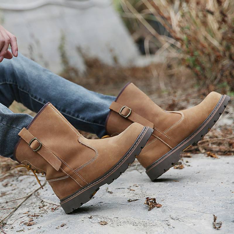 Cowhide locomotive short boots leather men's boots retro knight boots trendy worker boots Mongolian boots and horse boots breathable Martin boots