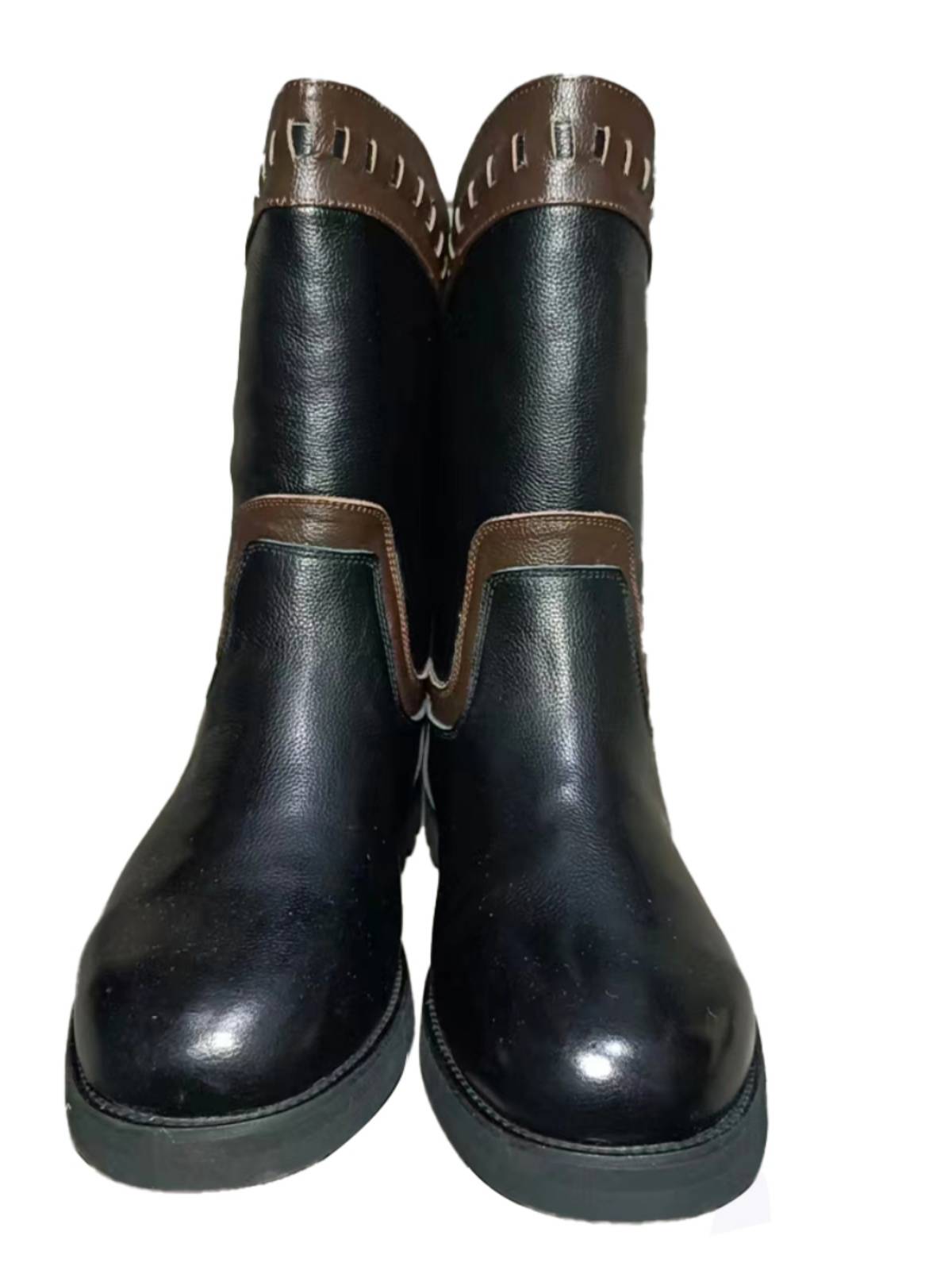 Men's winter short cylinder pure leather round head stitching color casual warm wear -resistant sleeve outdoor boots
