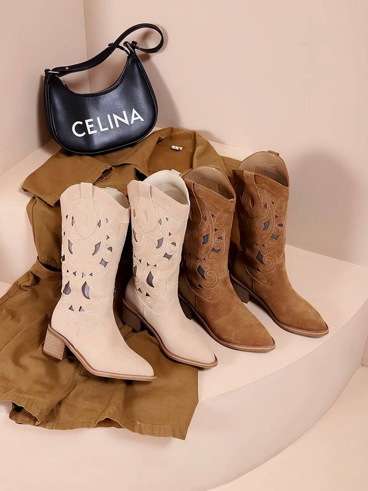 Guidi Fame retro denim boots female hollow boots 2024 new summer thin V -mouth high heel boots