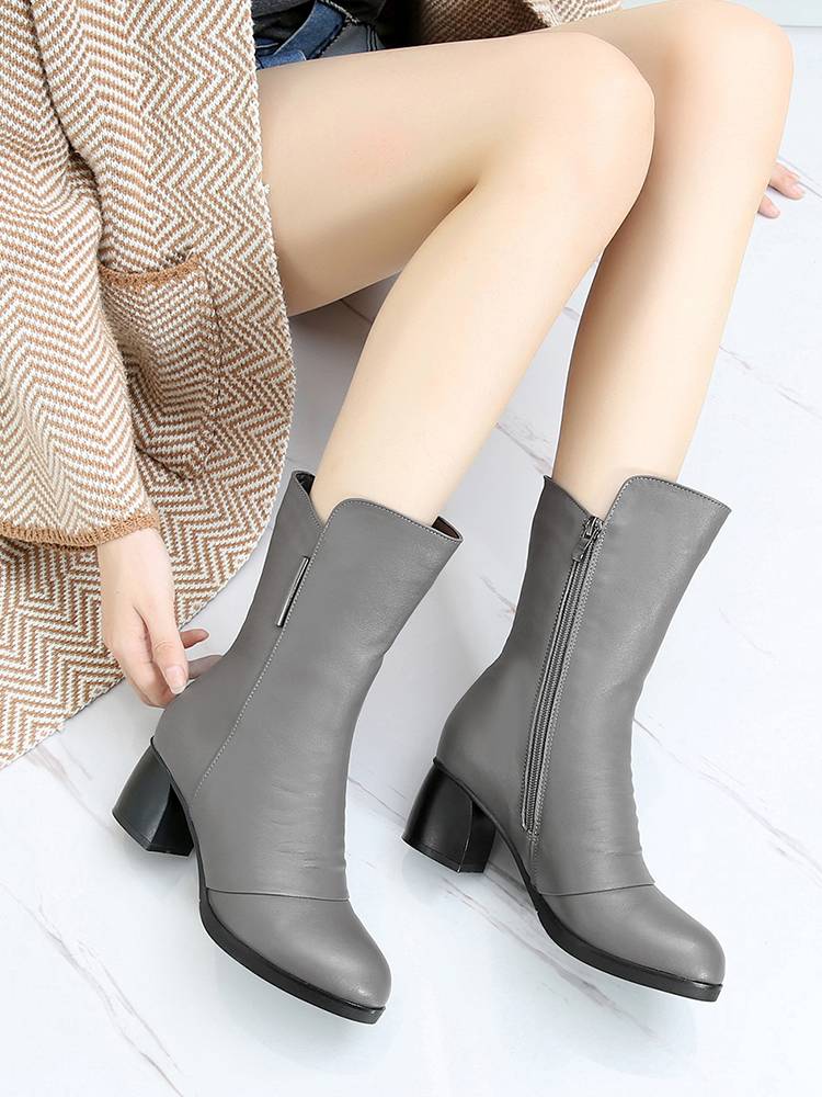 2023 Spring and Autumn and Winter Single Boots All Leather Coarse Heel Boots Leather Boots Boot Boots Boot Boot Half Pot