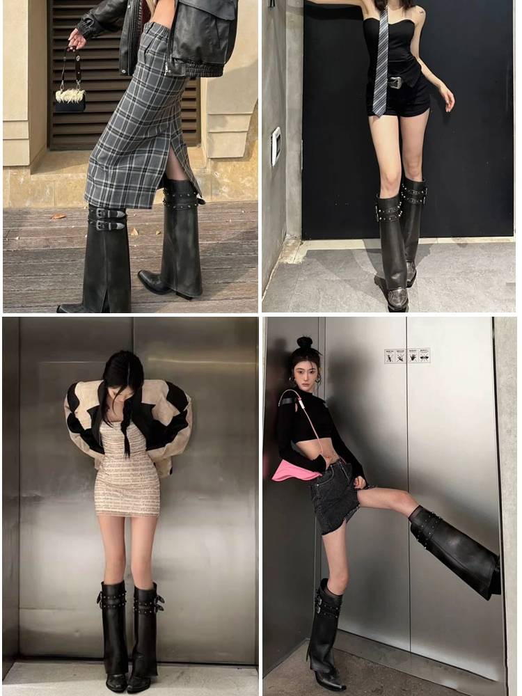 Leather embroidery Western denim boots female rubbing color rivet pointed high -heeled Knight boots boots big bin -fried street trousers boots