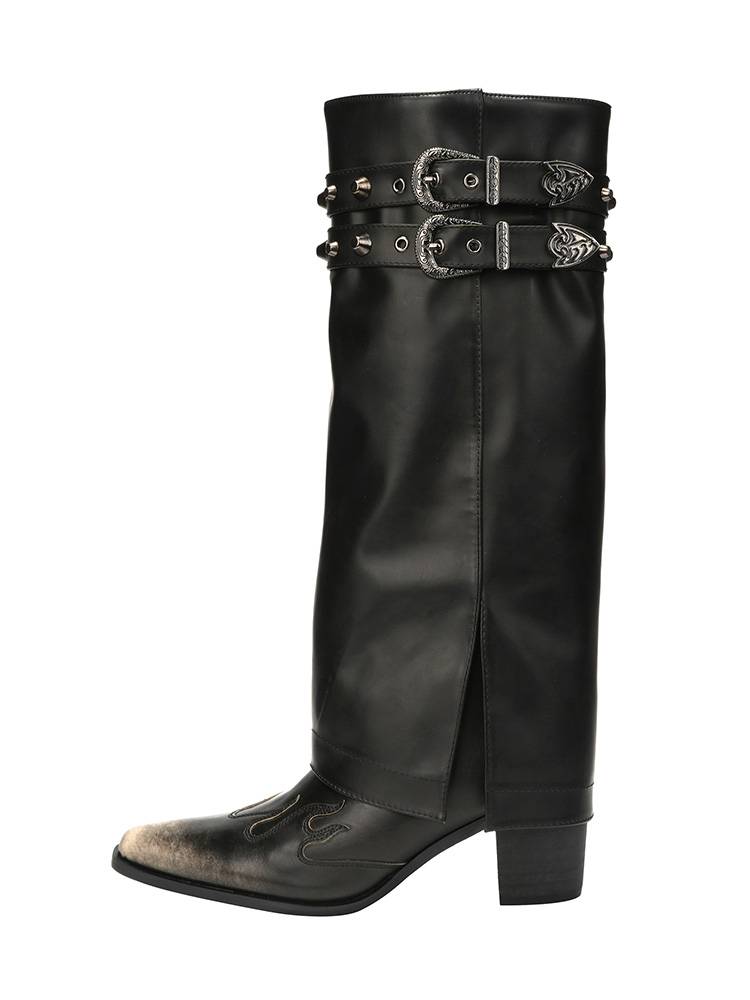 Leather embroidery Western denim boots female rubbing color rivet pointed high -heeled Knight boots boots big bin -fried street trousers boots