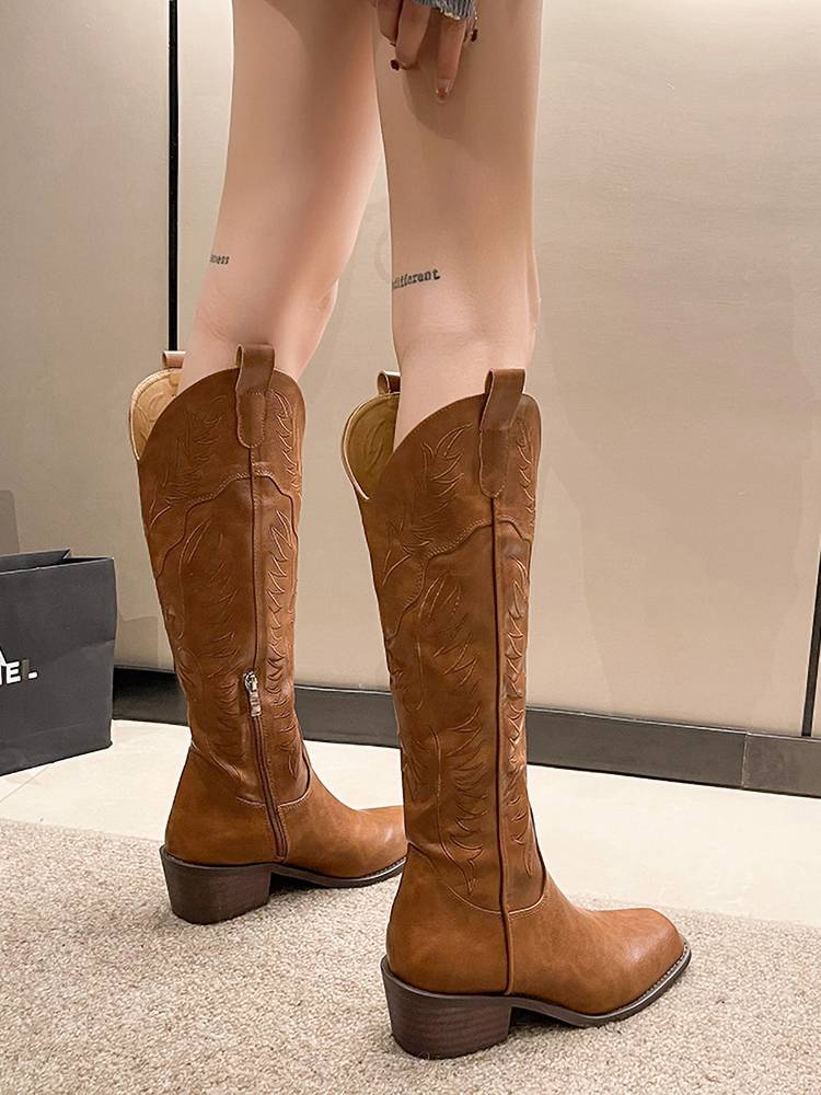 Retro square head thick heel western denim boots female V -port embroidered knight boots 2024 new side zipper boots