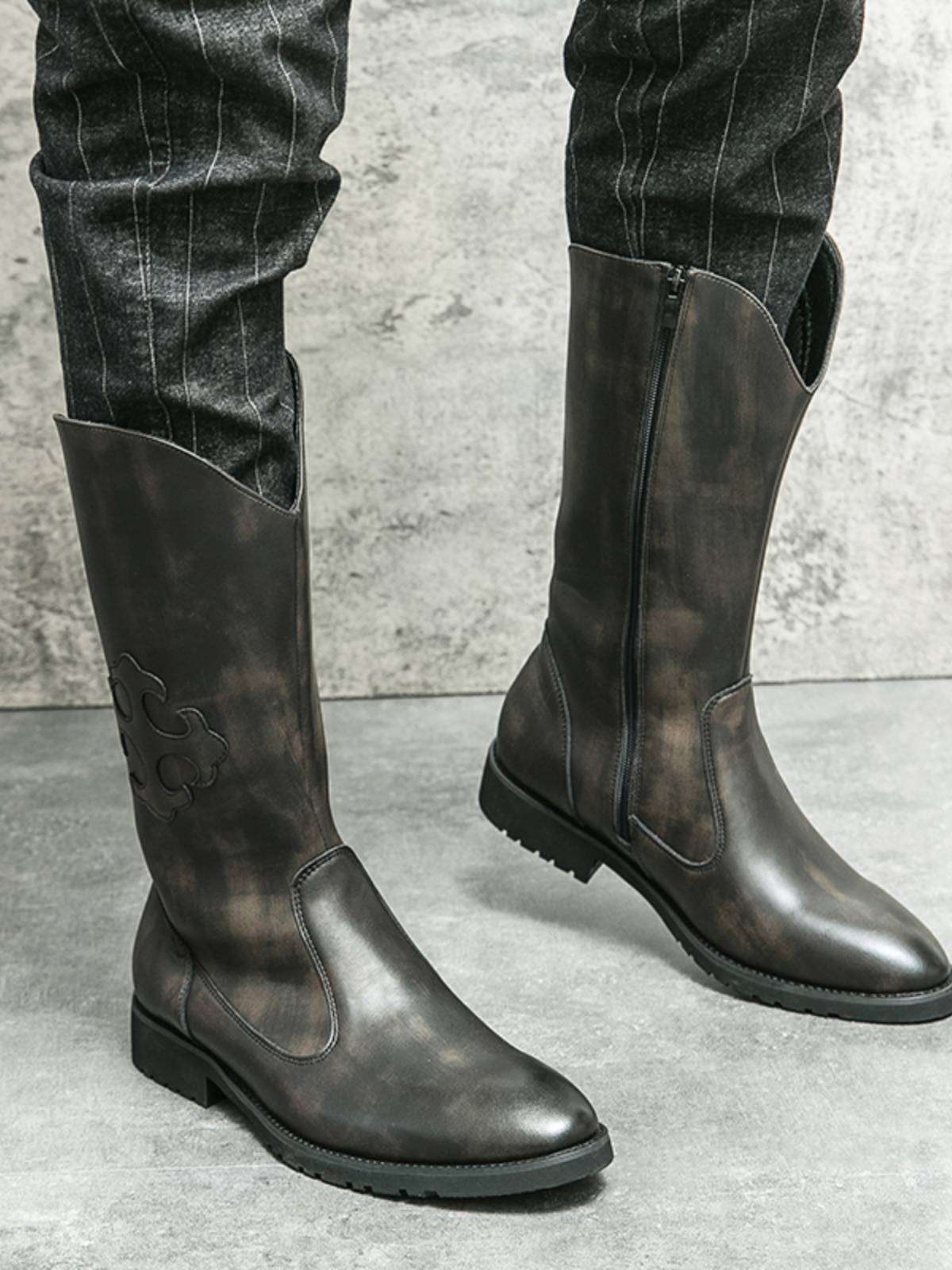 American brown Martin Boots Men's Autumn and Winter Western denim workers embroidered long tube side zipper high -top riding boots