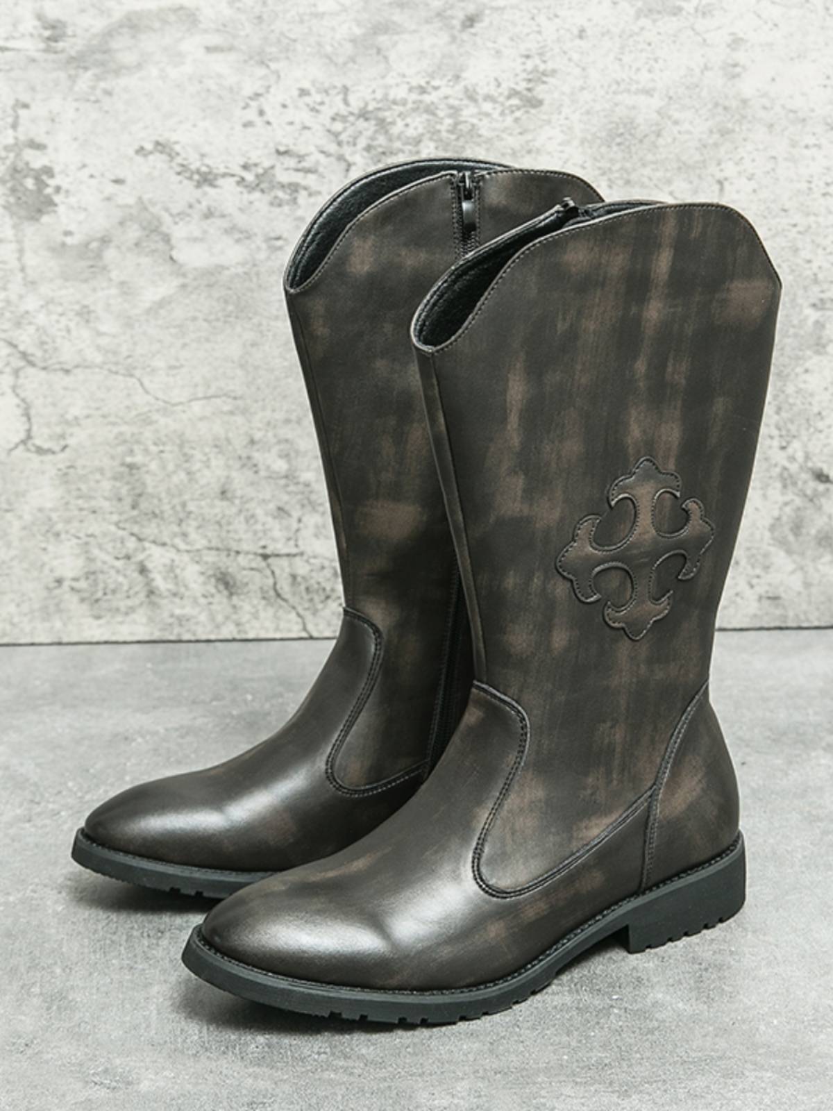 American brown Martin Boots Men's Autumn and Winter Western denim workers embroidered long tube side zipper high -top riding boots