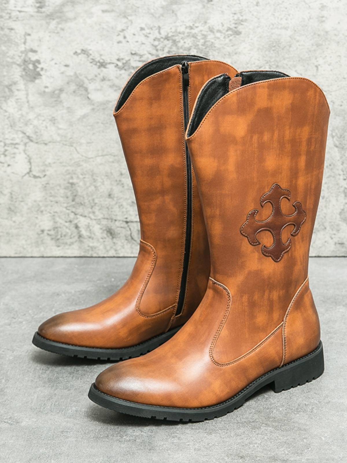 American brown Martin Boots Men's Autumn and Winter Western denim workers embroidered long tube side zipper high -top riding boots