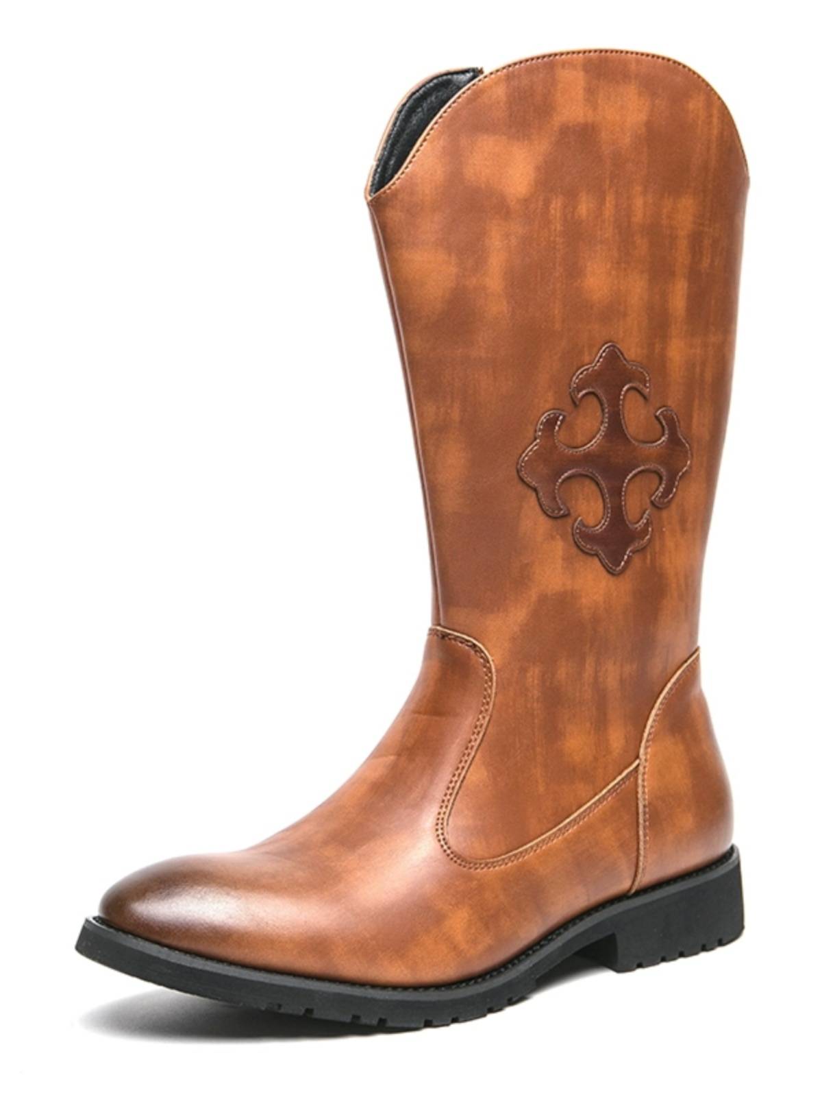 American brown Martin Boots Men's Autumn and Winter Western denim workers embroidered long tube side zipper high -top riding boots