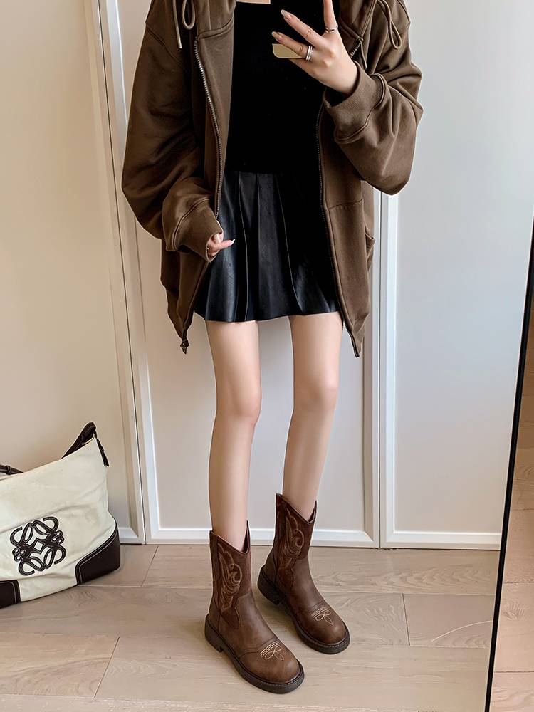 Moji Western denim boots 2024 new autumn and summer mid -boots boots brown Mirad Knight boots