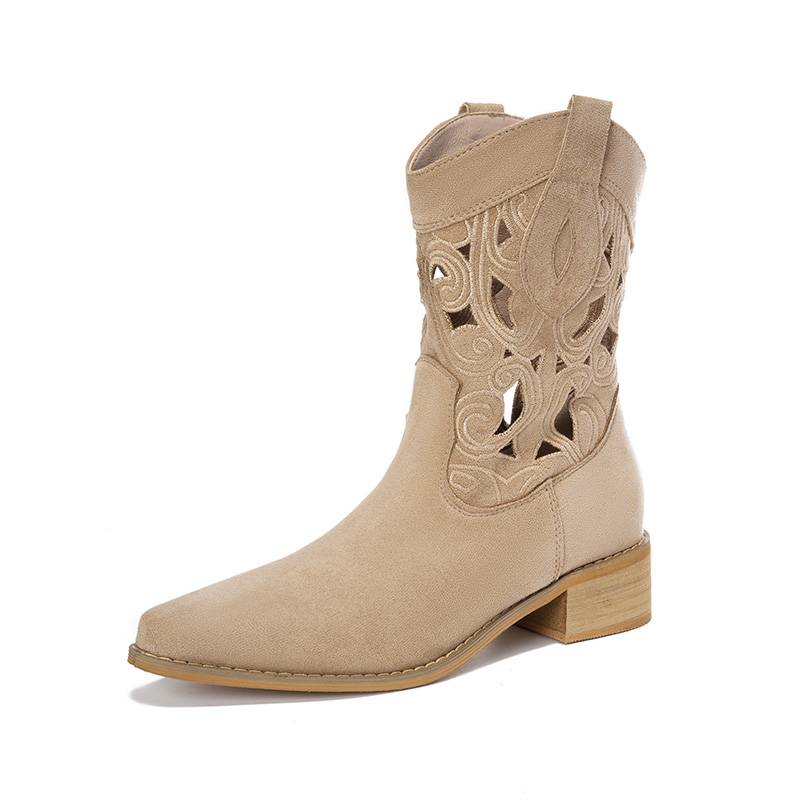 Sipper western denim boots in summer hollow breathable boots versatile coarse heel retro embroidery showing thinner and increasing boots