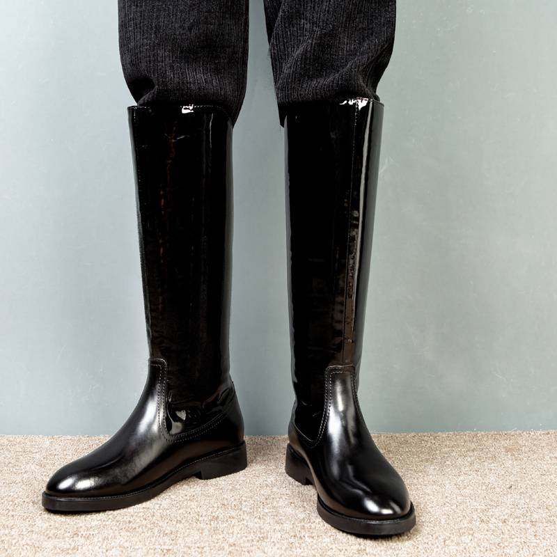 Winter horse boots patent leather men's wool leather boots shiny cowhide long boots male high boots leather thick sole boots