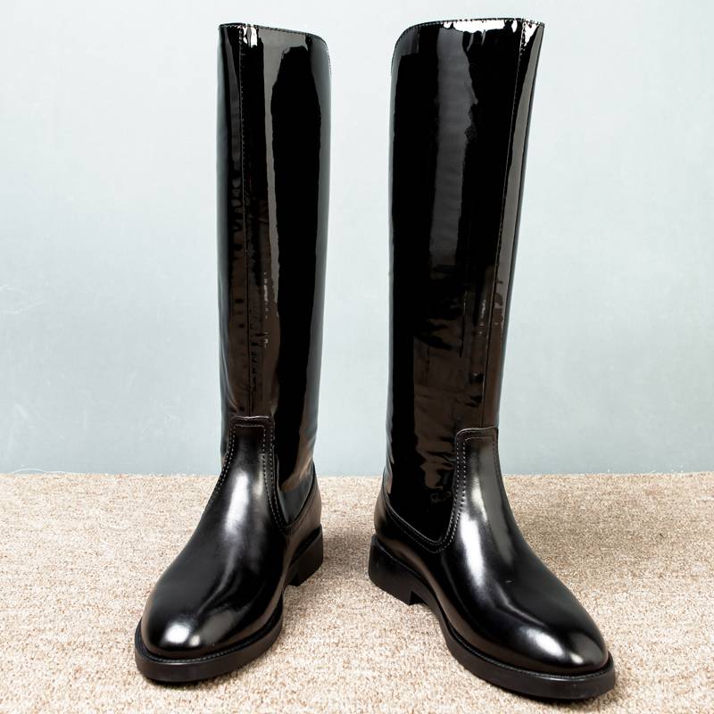 Winter horse boots patent leather men's wool leather boots shiny cowhide long boots male high boots leather thick sole boots