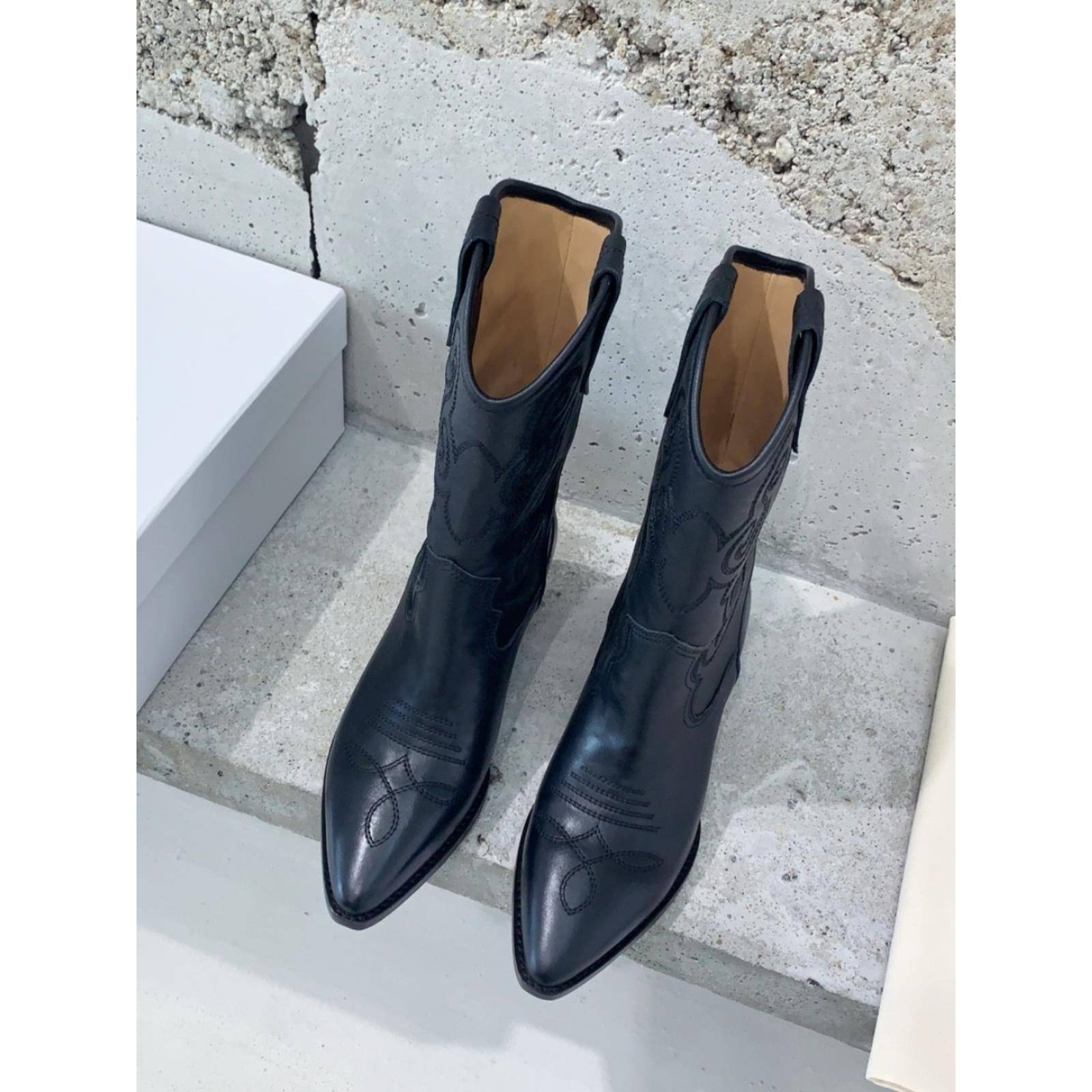 Purchasing Isabel Marant front zipper high -heeled high -heeled boots female thick heel knight boots boots pointed denim boots