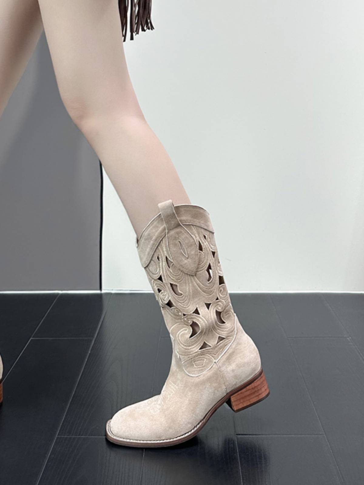 Embroidery hollow western denim boots female 2024 new summer boots square head V