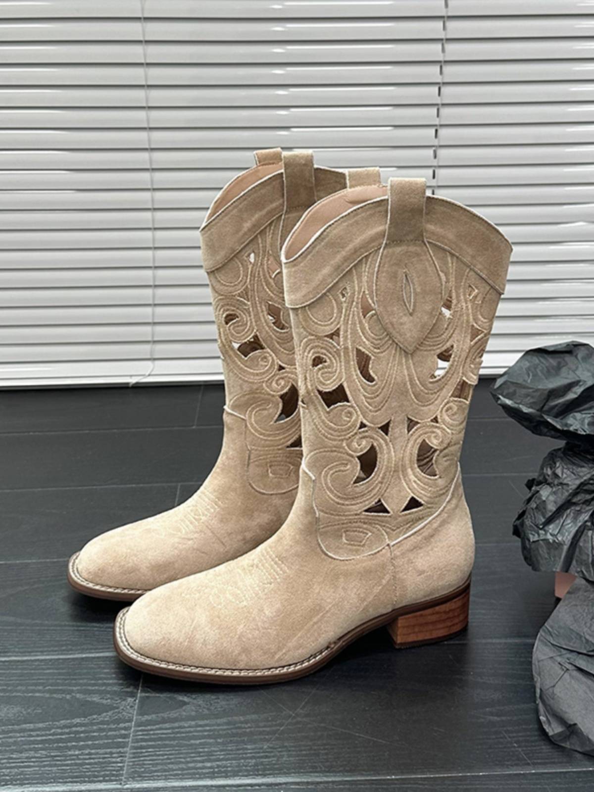 Embroidery hollow western denim boots female 2024 new summer boots square head V