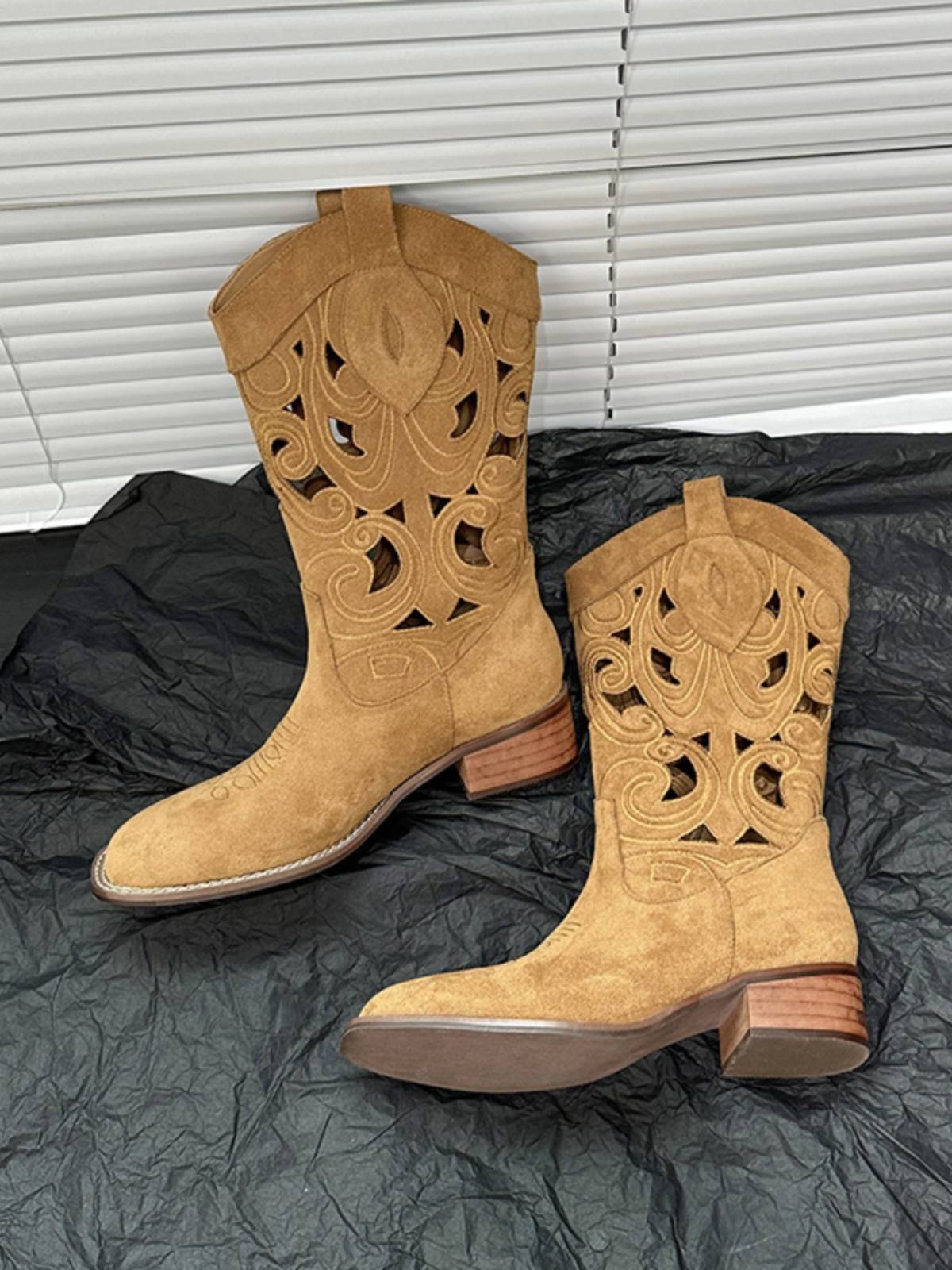 Embroidery hollow western denim boots female 2024 new summer boots square head V
