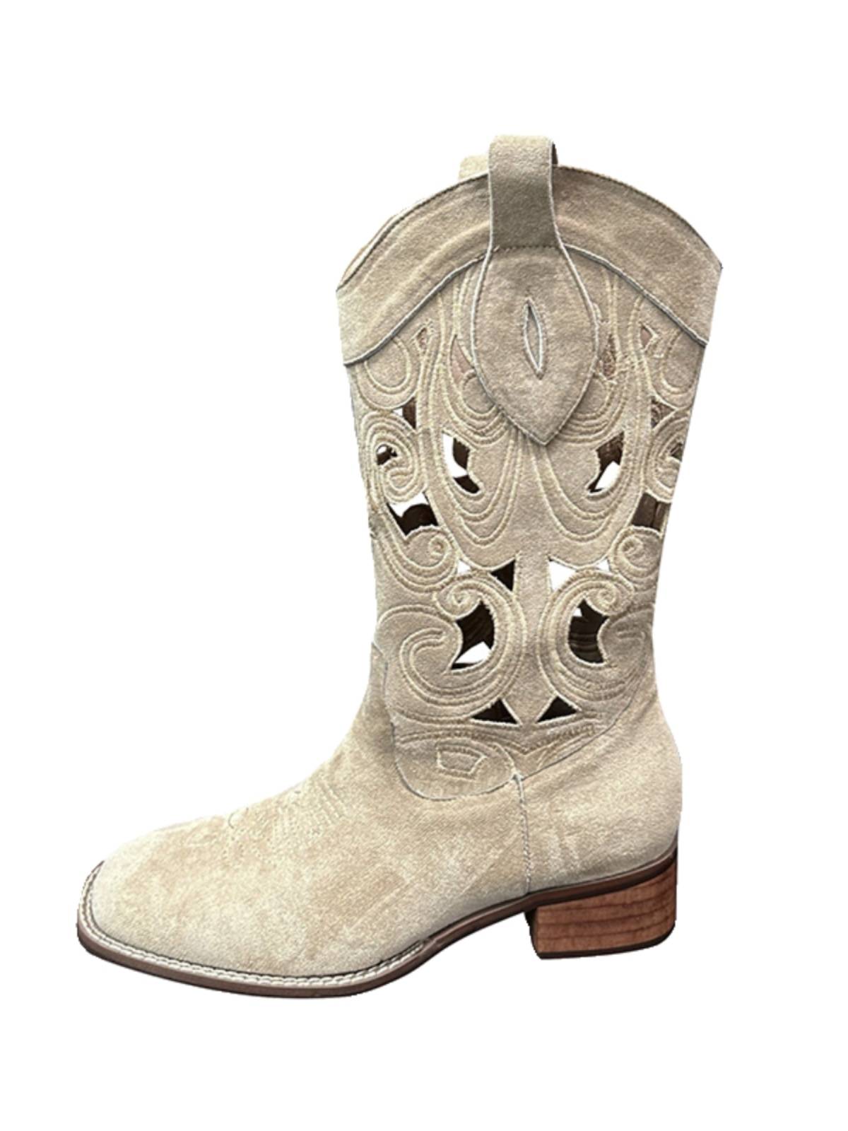 Embroidery hollow western denim boots female 2024 new summer boots square head V