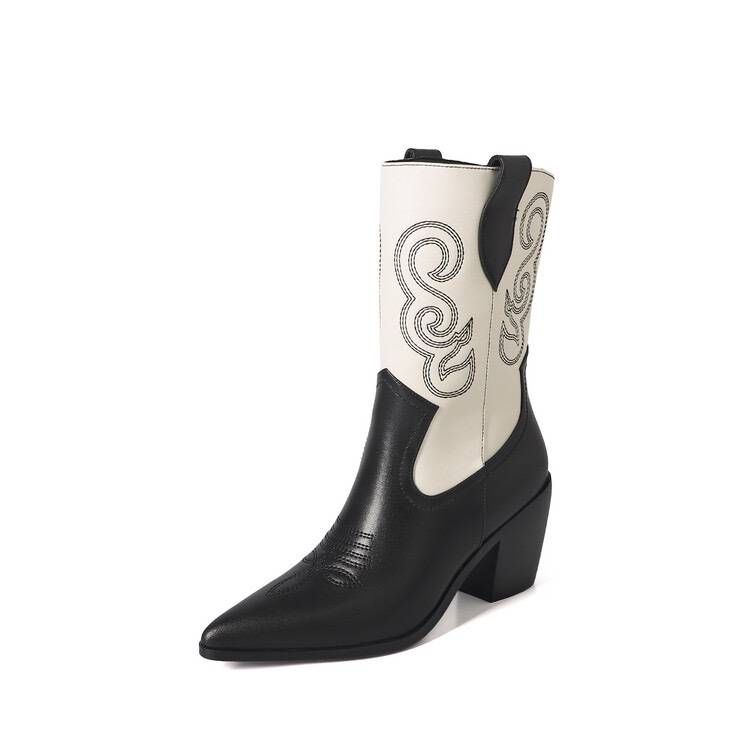 Handmade leather thick heel western denim boots female 2023 autumn and winter new short boots medium tube retro high heels
