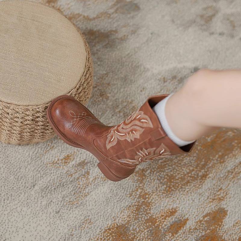 Leather embroidery thick heels of western denim boots female middle tube Martin boots Chelsea boots increase long cylindrical knight boots