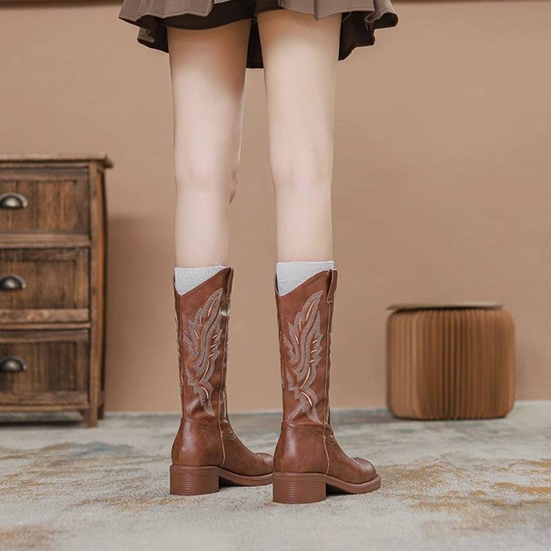 Leather embroidery thick heels of western denim boots female middle tube Martin boots Chelsea boots increase long cylindrical knight boots