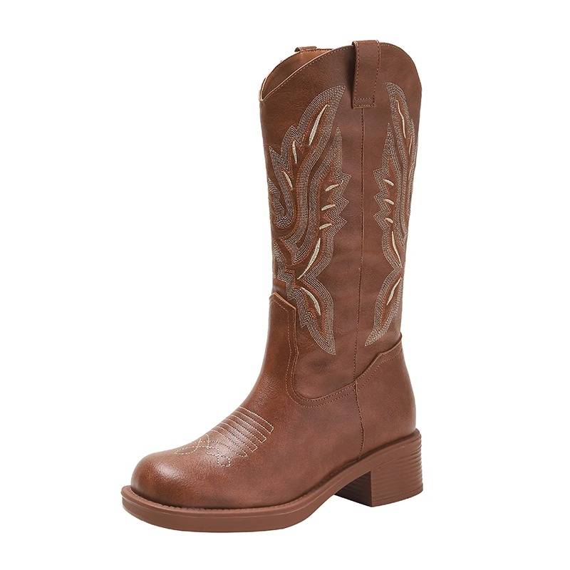 Leather embroidery thick heels of western denim boots female middle tube Martin boots Chelsea boots increase long cylindrical knight boots