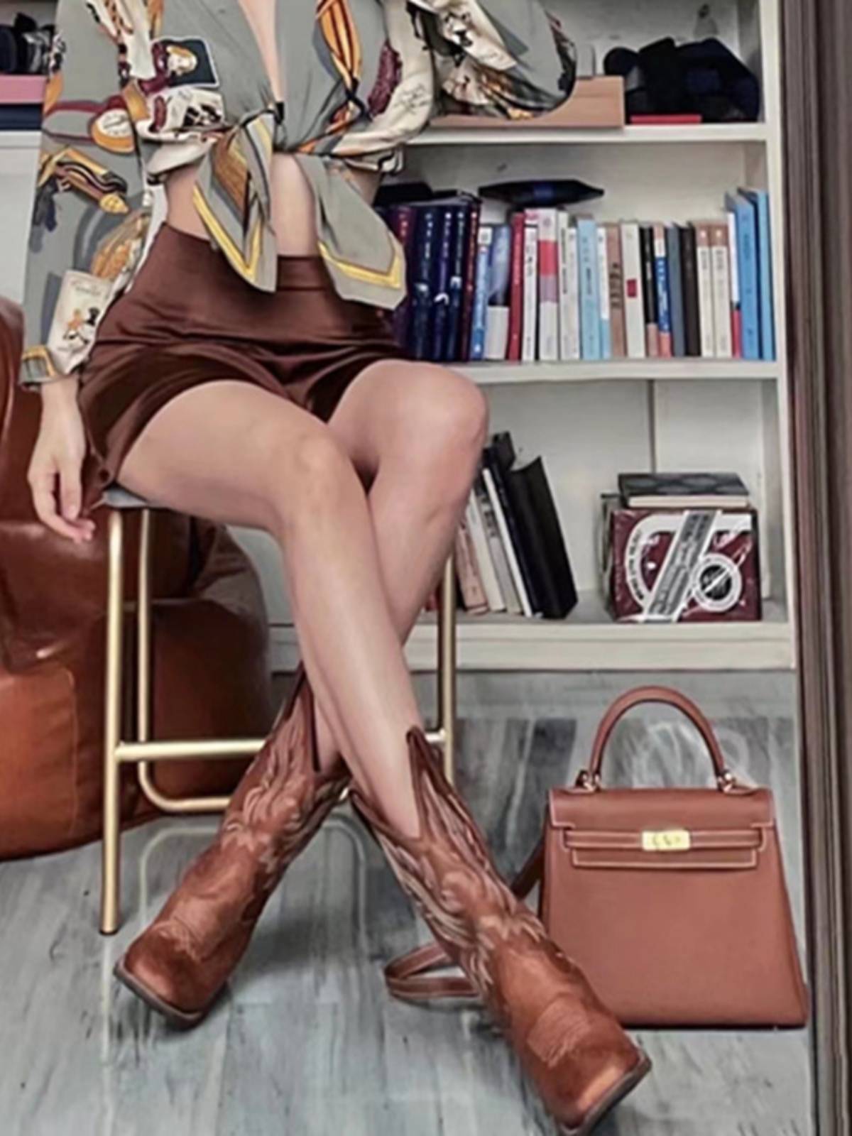Net red the same rough and versatile western denim boots V