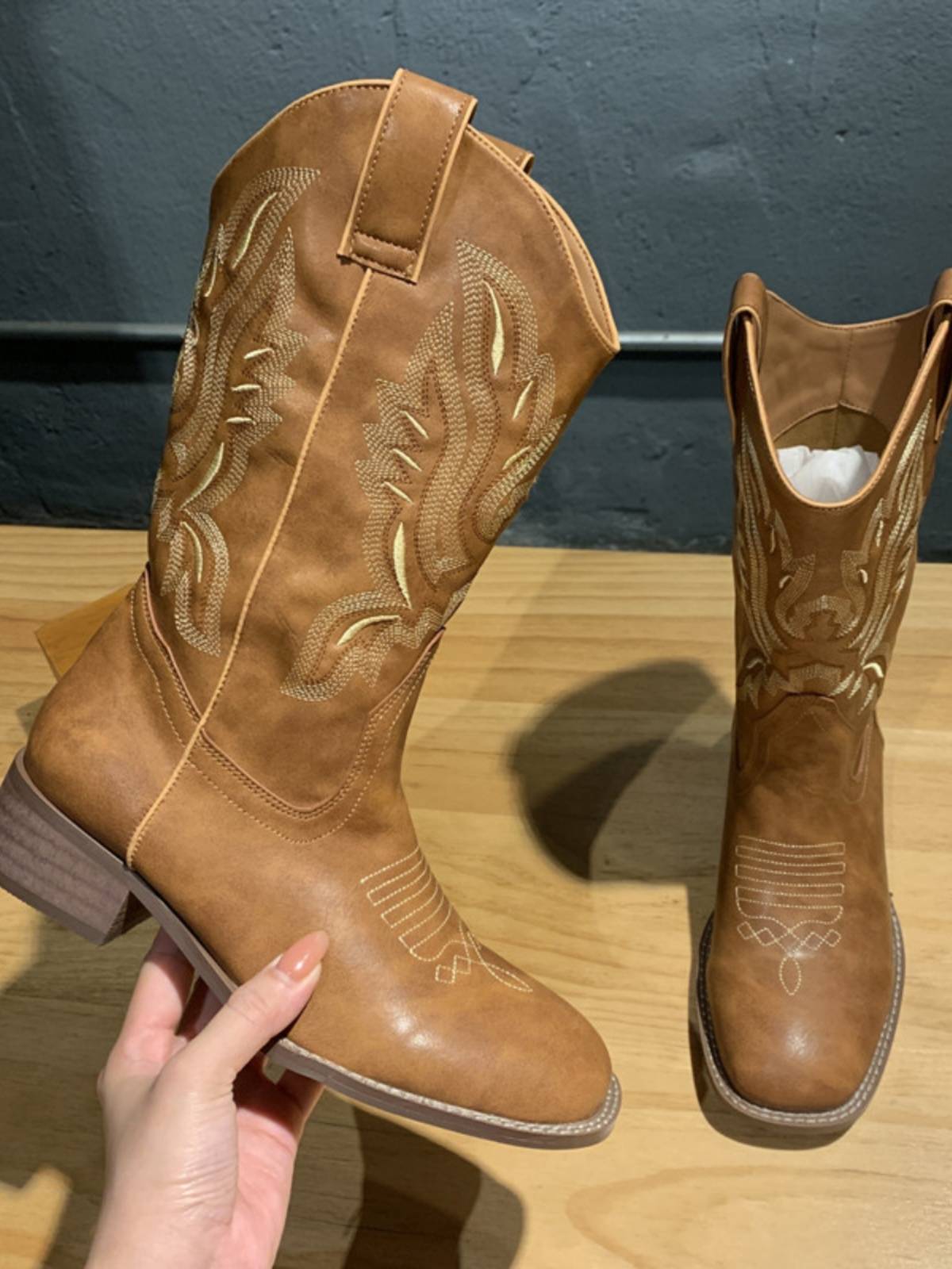 Net red the same rough and versatile western denim boots V