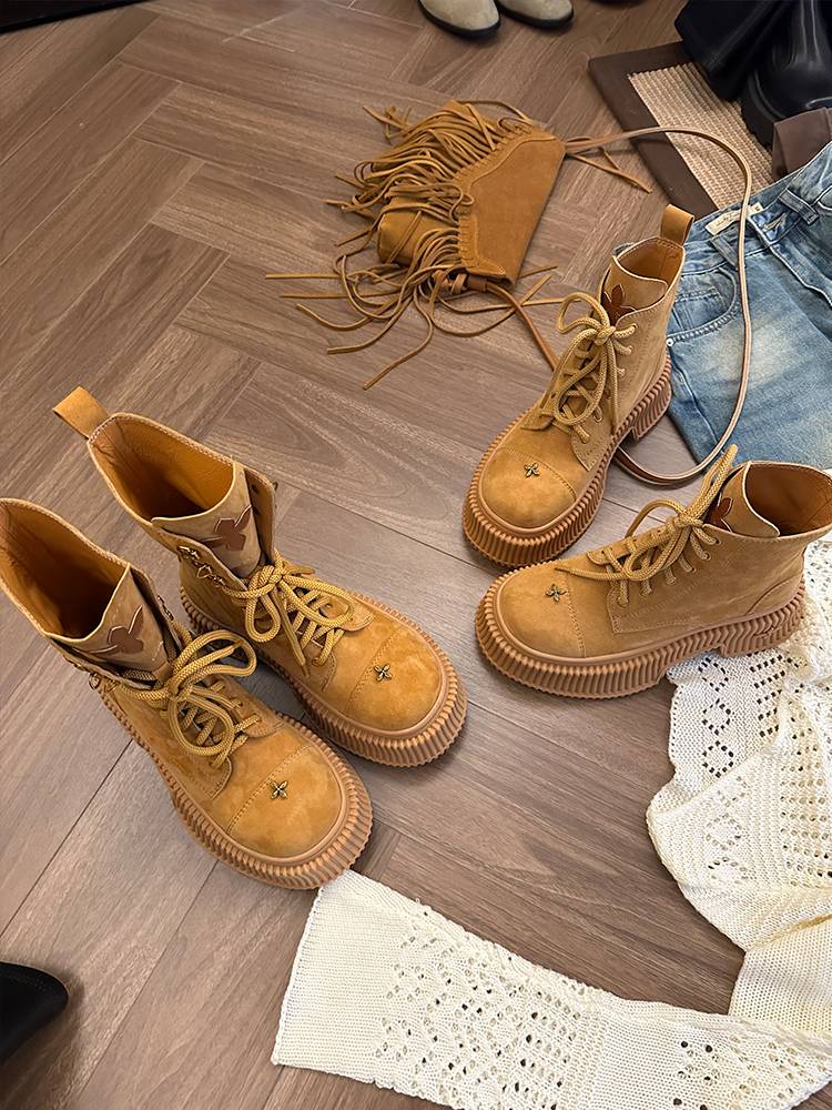 Thick -bottom Martin boots female 2024 summer thin British style leather thick heel boots female retro desert big yellow boots tide