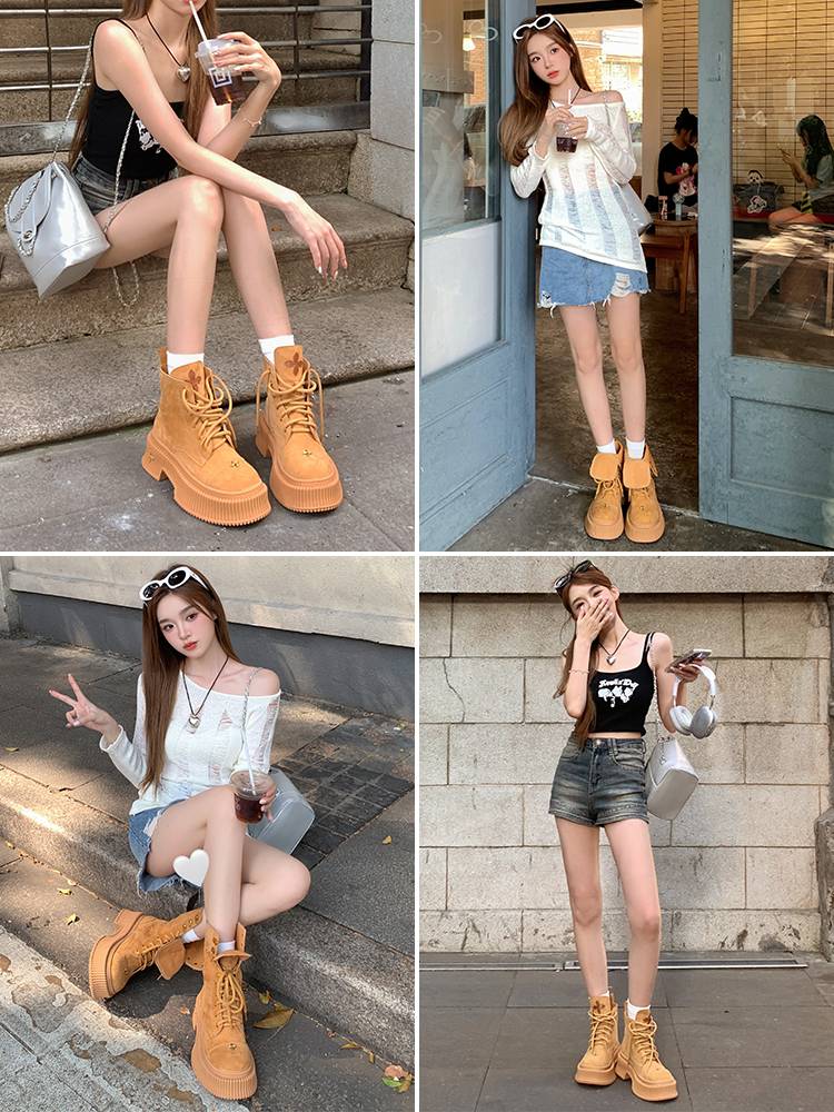 Thick -bottom Martin boots female 2024 summer thin British style leather thick heel boots female retro desert big yellow boots tide