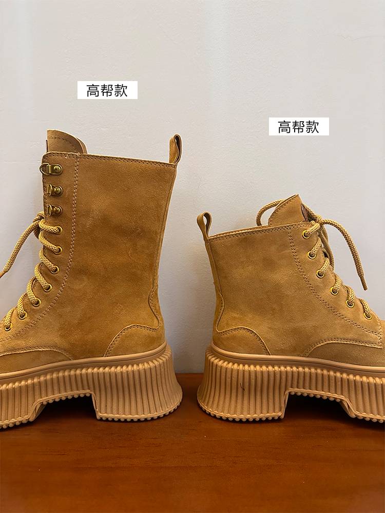 Thick -bottom Martin boots female 2024 summer thin British style leather thick heel boots female retro desert big yellow boots tide
