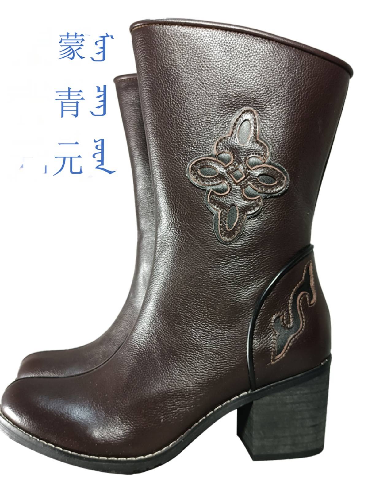 Women's high -heeled zipper nation -headed head layer cowhide round head leisure, comfortable, wear -resistant spring autumn single boots