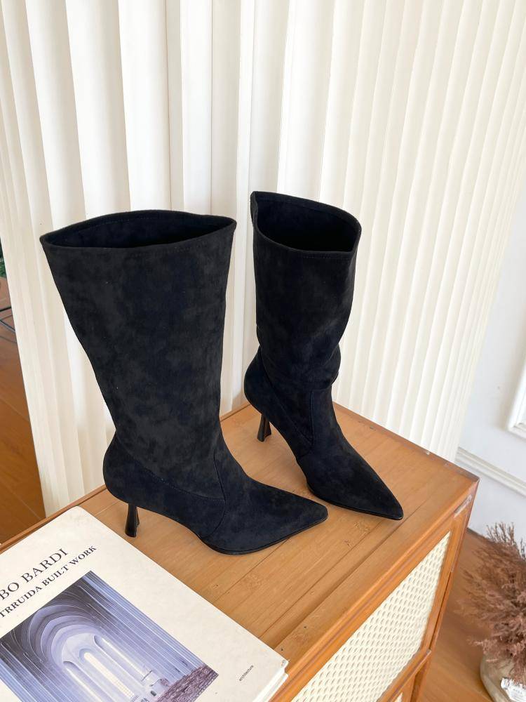 Song Xixi versatile short pile boots, fine heels, high -heeled western denim boots short boots, female apricot color thinner middle boots