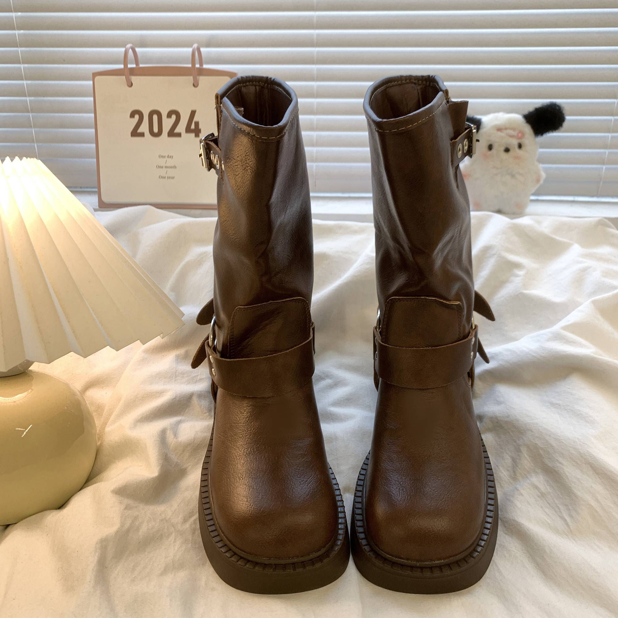 Brown thick Martin boots female 2024 new summer autumn British style retro increases western denim boots knight boots