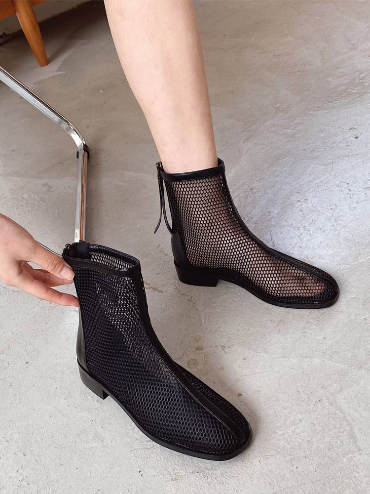 2024 net red same hollow juvenile boots women's net yarn rough and Roman short boots women sexy versatile rear zipper sandals female