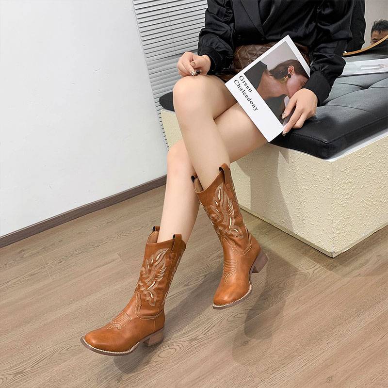West Cowboy Boots Embroidered Middle Boots 2024 new summer coarse-and-high-mart Martin Boot Knights Boots Long Boots